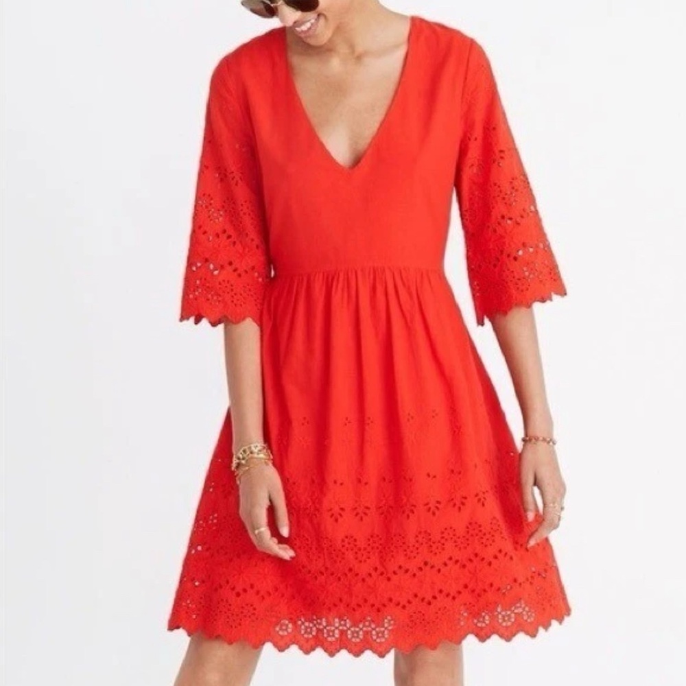 Madewell Eyelet Lattice Bright Poppy Red Dress Wedding Guest Cottagecore